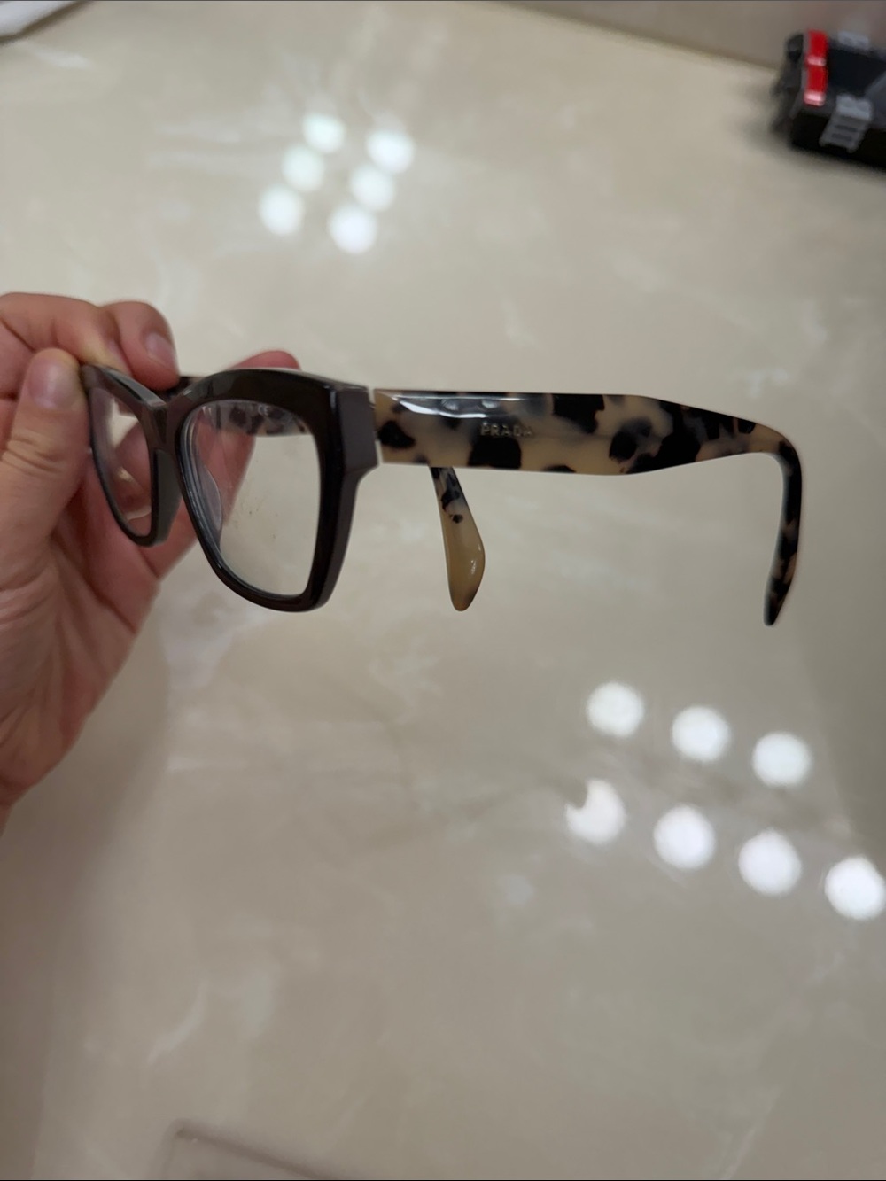 Prada Tortoiseshell Pattern Rectangular Glasses in Brown and Cream